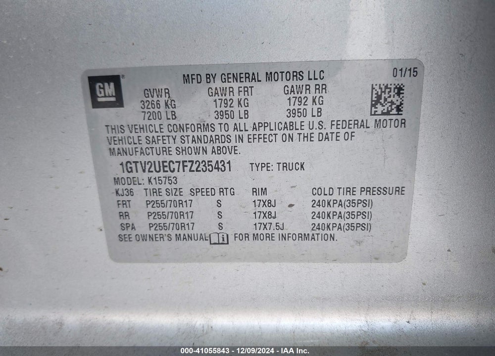 2015 GMC SIERRA 1500 SLE VIN: 1GTV2UEC7FZ235431