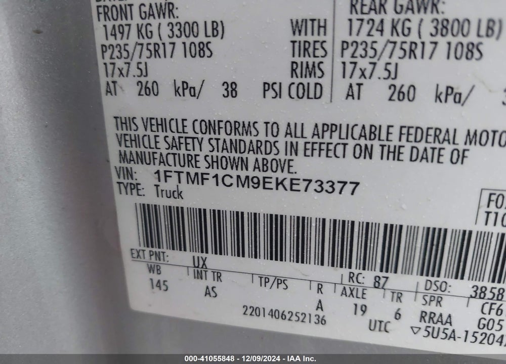 2014 FORD F-150 VIN: 1FTMF1CM9EKE73377