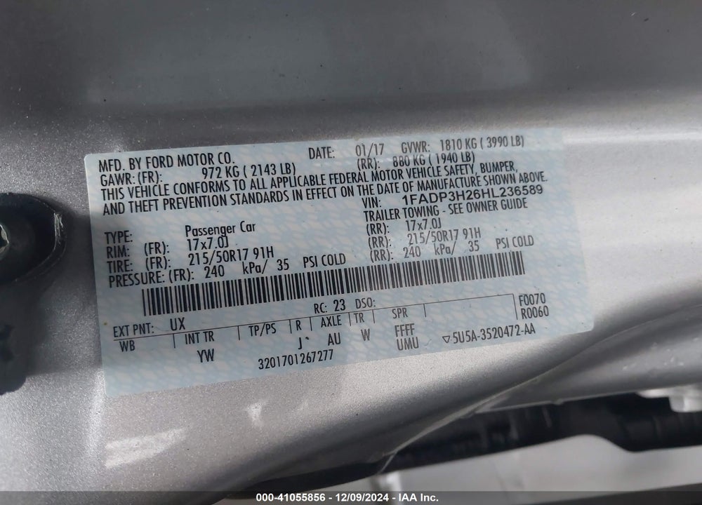 2017 FORD FOCUS SEL VIN: 1FADP3H26HL236589