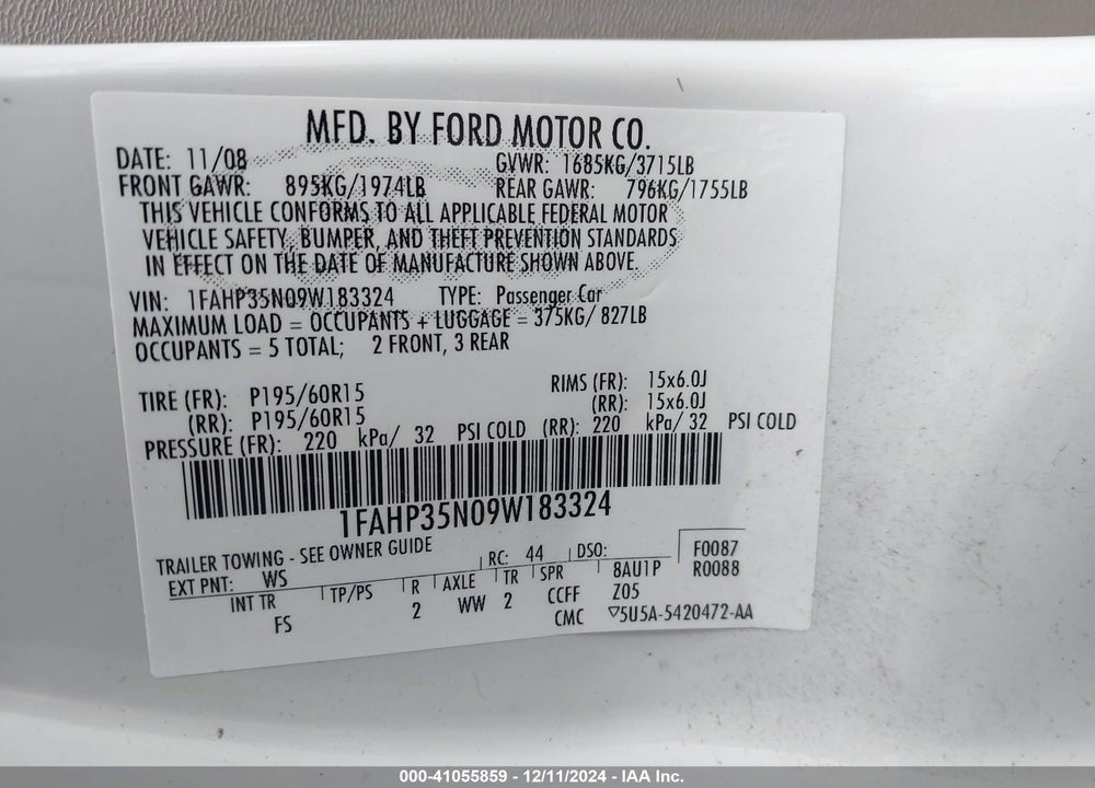2009 FORD FOCUS SE VIN: 1FAHP35N09W183324