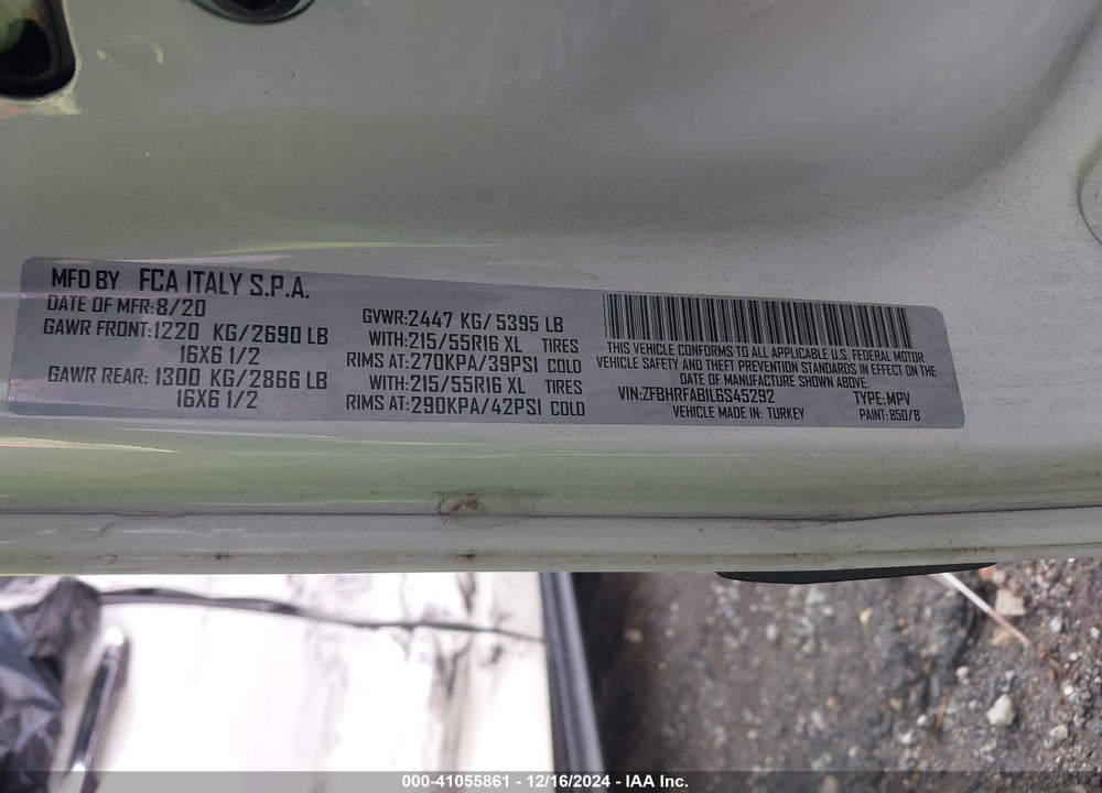 2020 RAM PROMASTER CITY TRADESMAN VIN: ZFBHRFAB1L6S45292