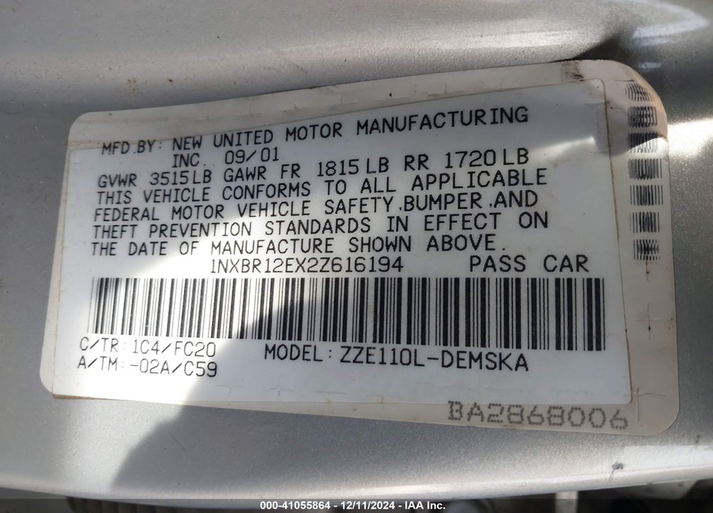 2002 TOYOTA COROLLA S VIN: 1NXBR12EX2Z616194