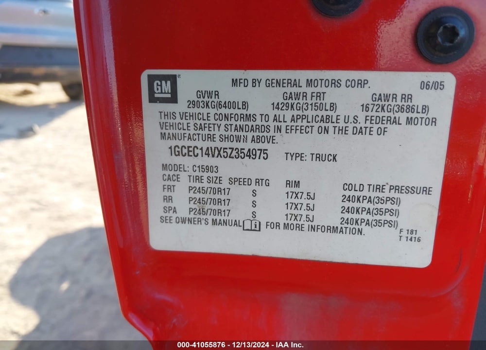 2005 CHEVROLET SILVERADO 1500 WORK TRUCK VIN: 1GCEC14VX5Z354975