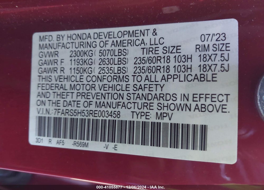 2024 HONDA CR-V HYBRID SPORT VIN: 7FARS5H53RE003458