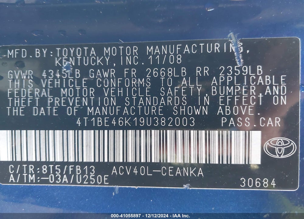 2009 TOYOTA CAMRY LE VIN: 4T1BE46K19U382003