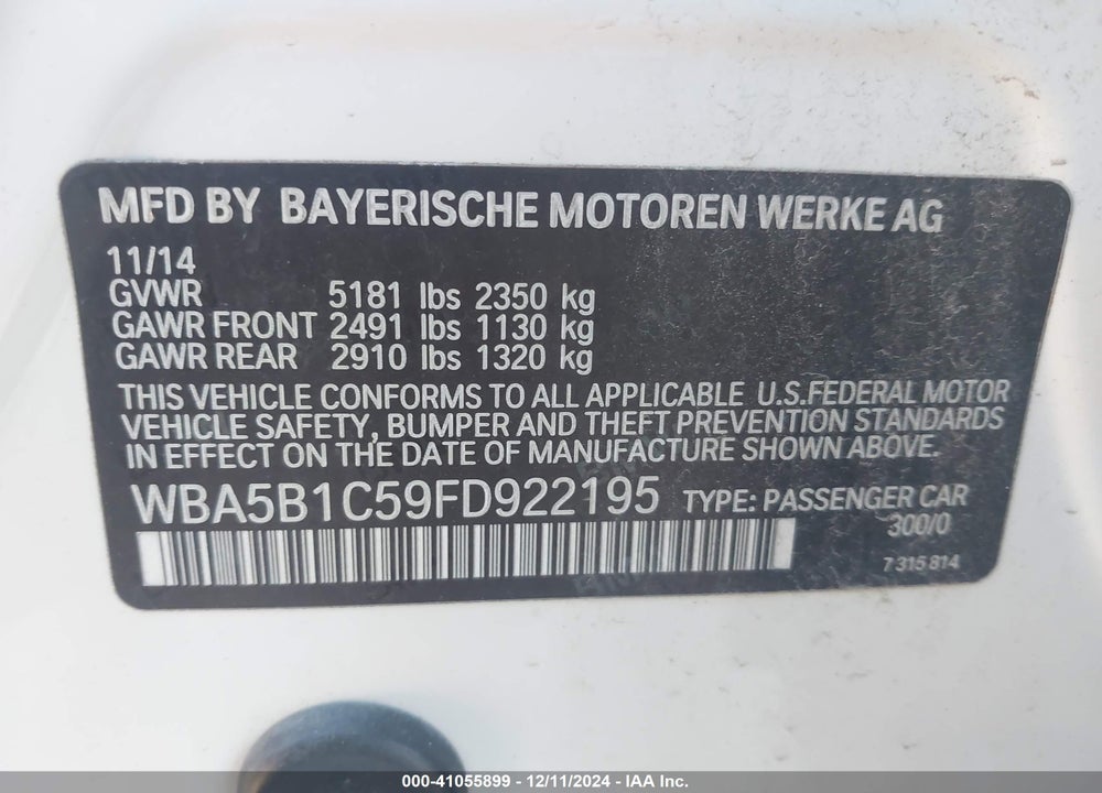2015 BMW 535I VIN: WBA5B1C59FD922195