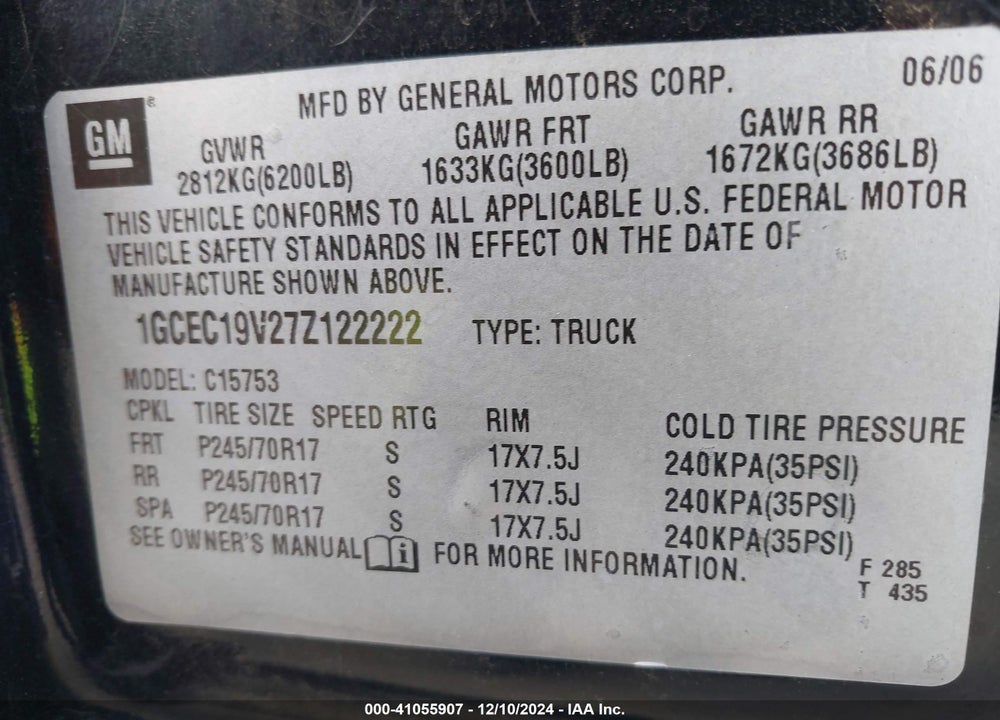 2007 CHEVROLET SILVERADO 1500 CLASSIC LT1 VIN: 1GCEC19V27Z122222