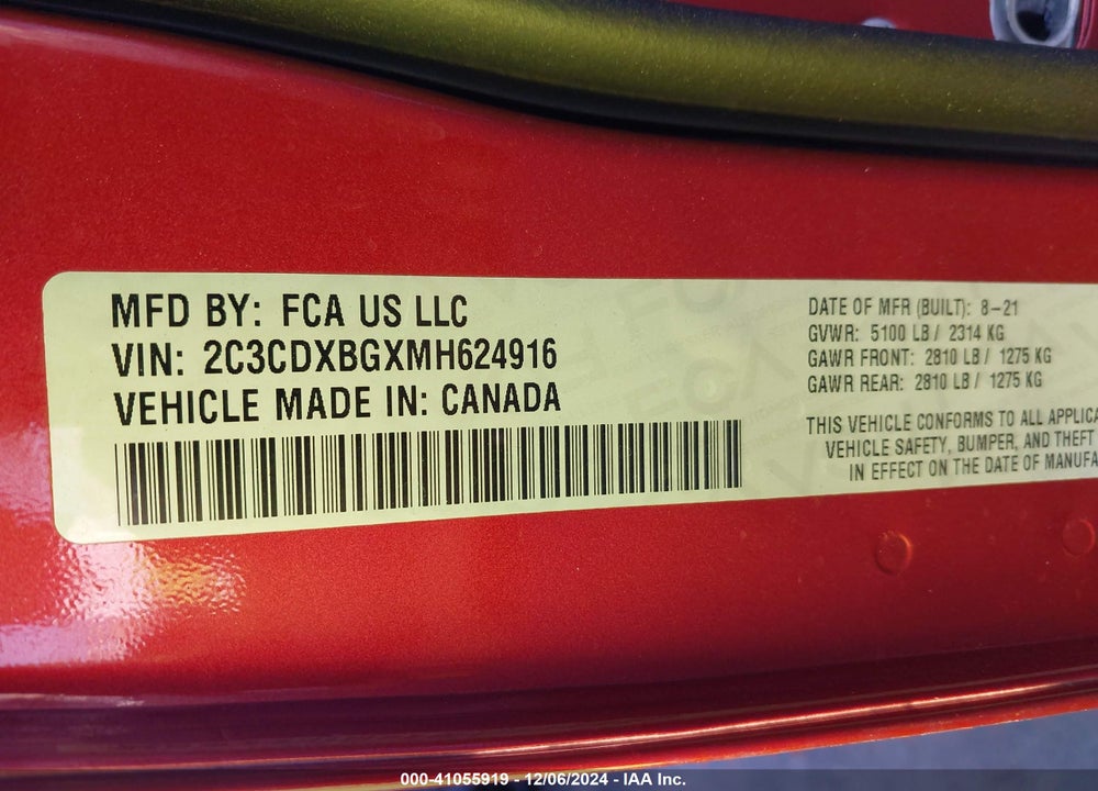 2021 DODGE CHARGER VIN: 2C3CDXBGXMH624916
