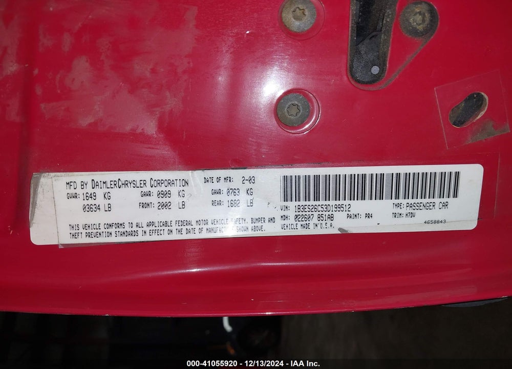 2003 DODGE NEON SE VIN: 1B3ES26C53D199512