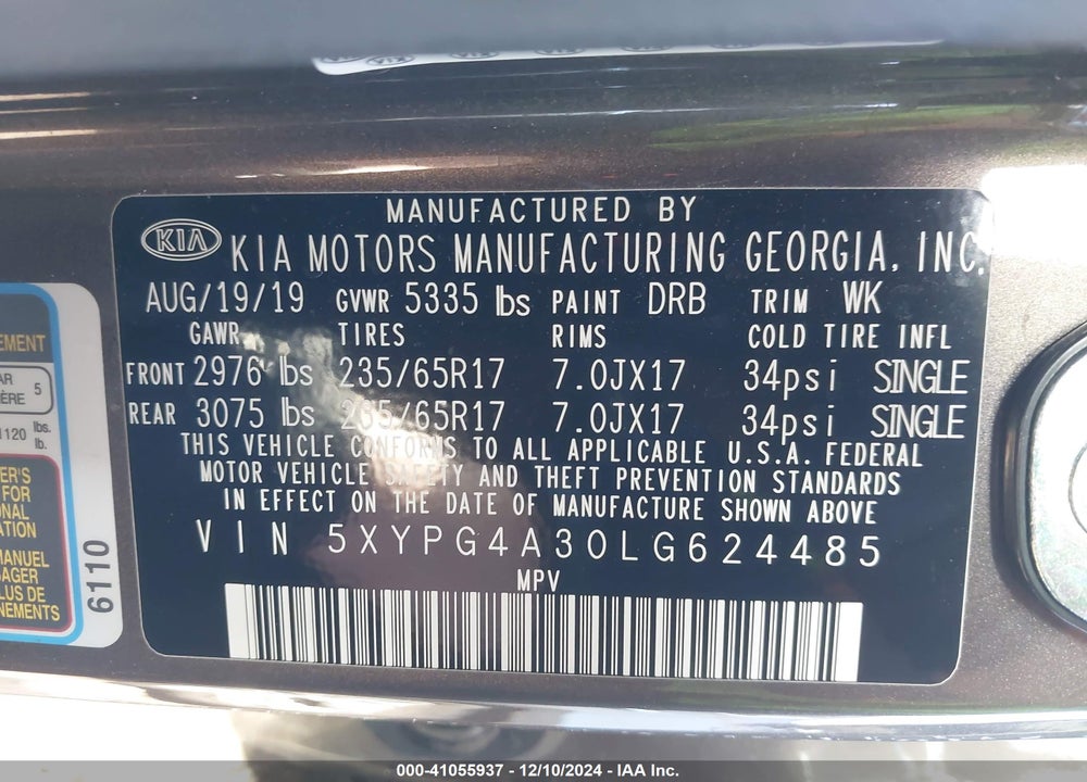 2020 KIA SORENTO 2.4L LX VIN: 5XYPG4A30LG624485