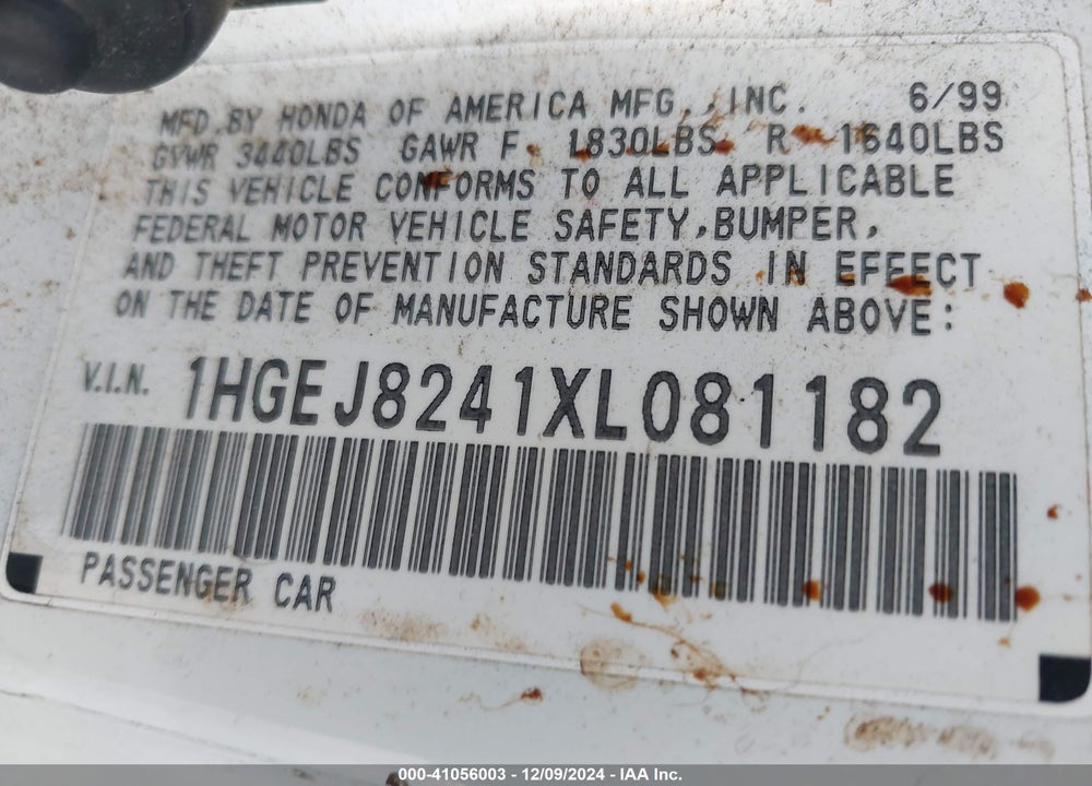 1999 HONDA CIVIC EX VIN: 1HGEJ8241XL081182