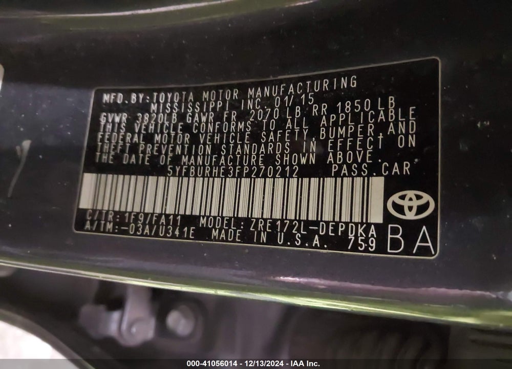2015 TOYOTA COROLLA VIN: 5YFBURHE3FP270212