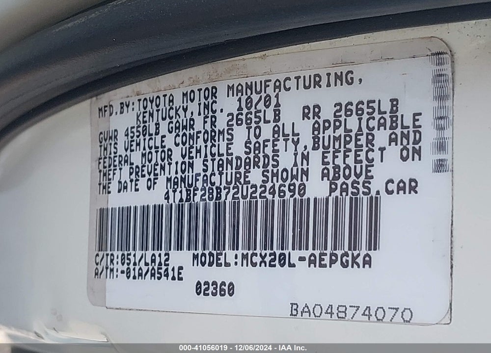 2002 TOYOTA AVALON XLS VIN: 4T1BF28B72U224690