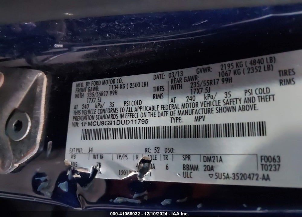 2013 FORD ESCAPE SE VIN: 1FMCU9G91DUD11795