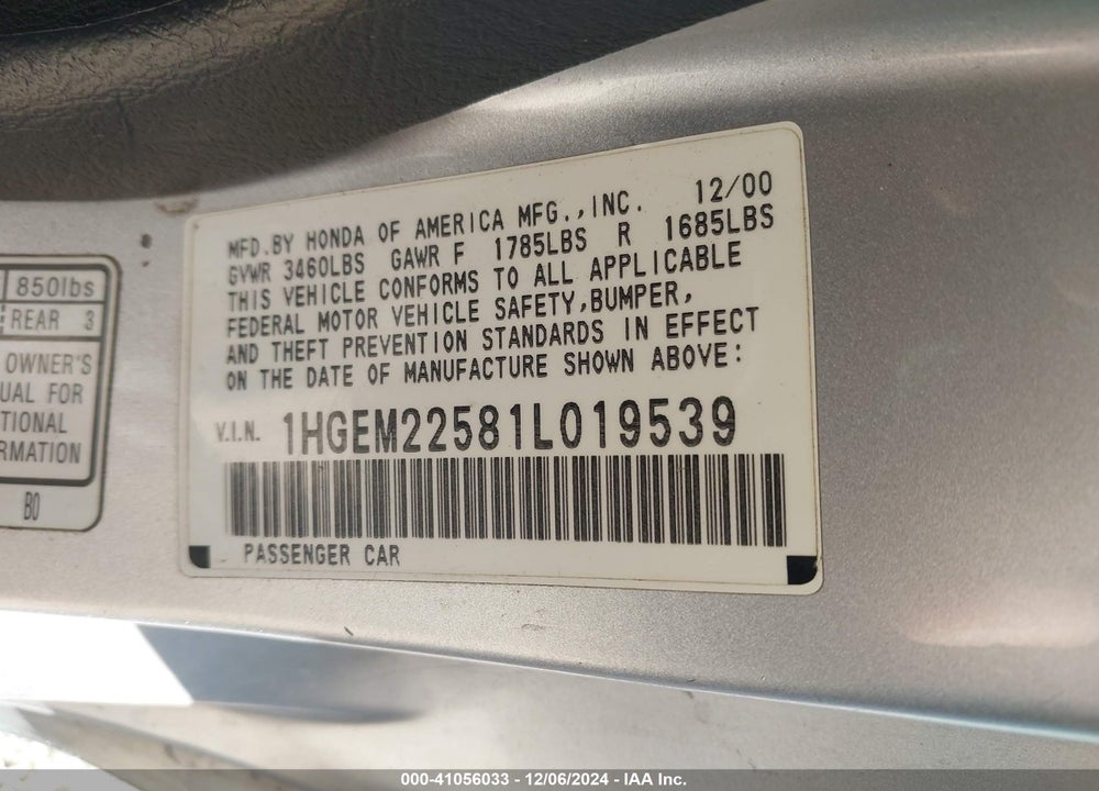 2001 HONDA CIVIC LX VIN: 1HGEM22581L019539