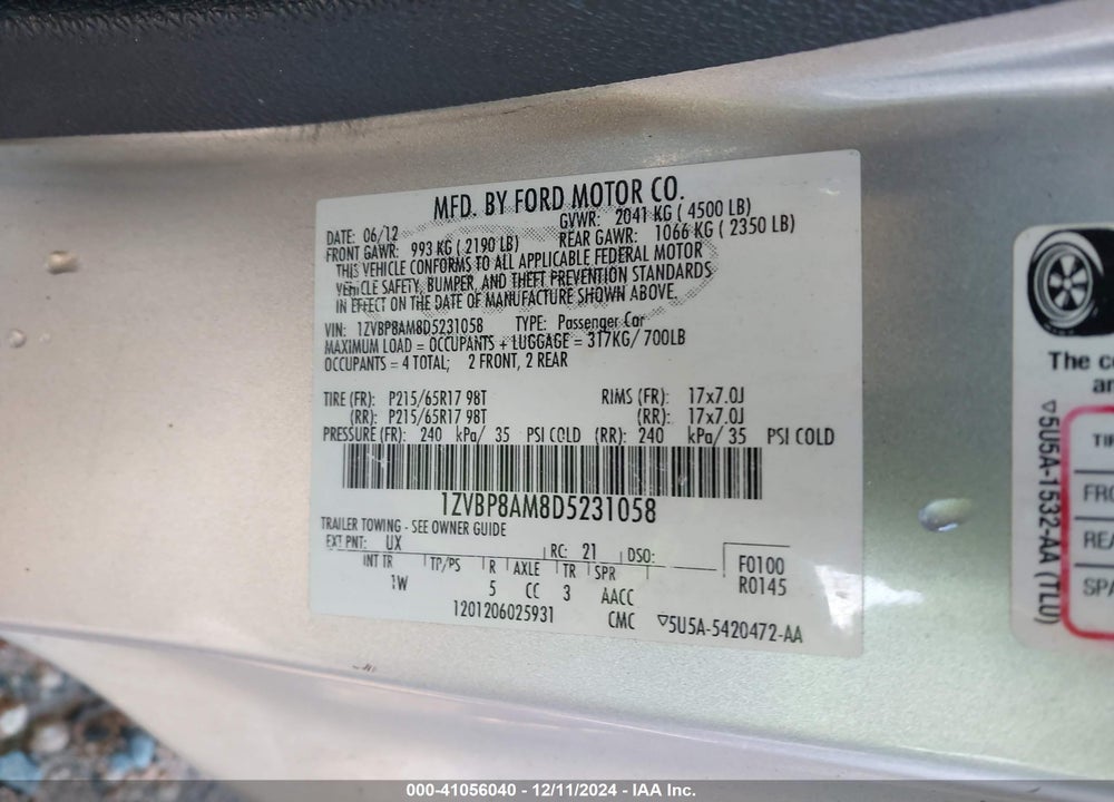 2013 FORD MUSTANG V6 VIN: 1ZVBP8AM8D5231058