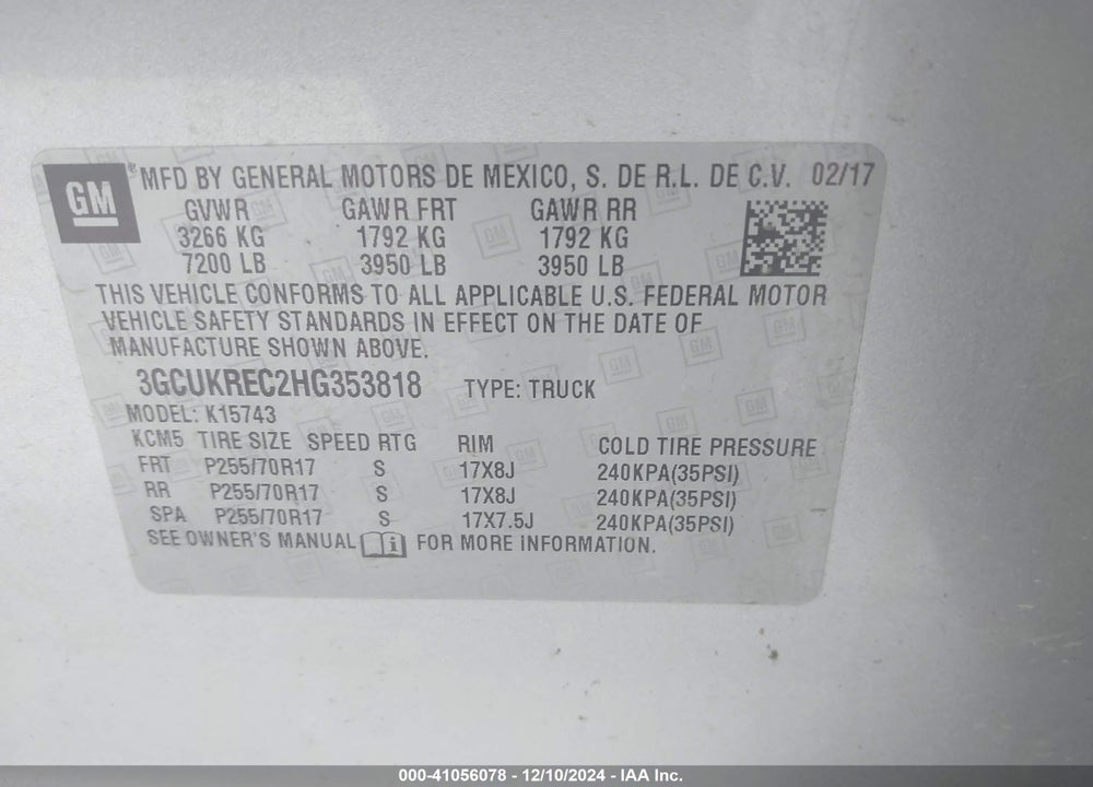 2017 CHEVROLET SILVERADO 1500 1LT VIN: 3GCUKREC2HG353818