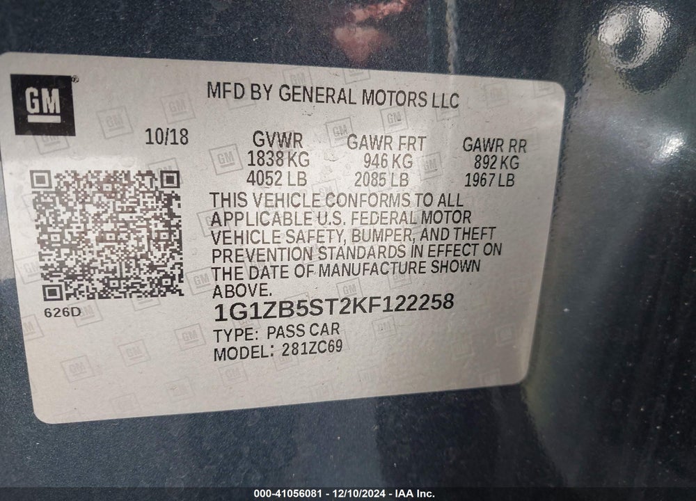 2019 CHEVROLET MALIBU 1LS VIN: 1G1ZB5ST2KF122258