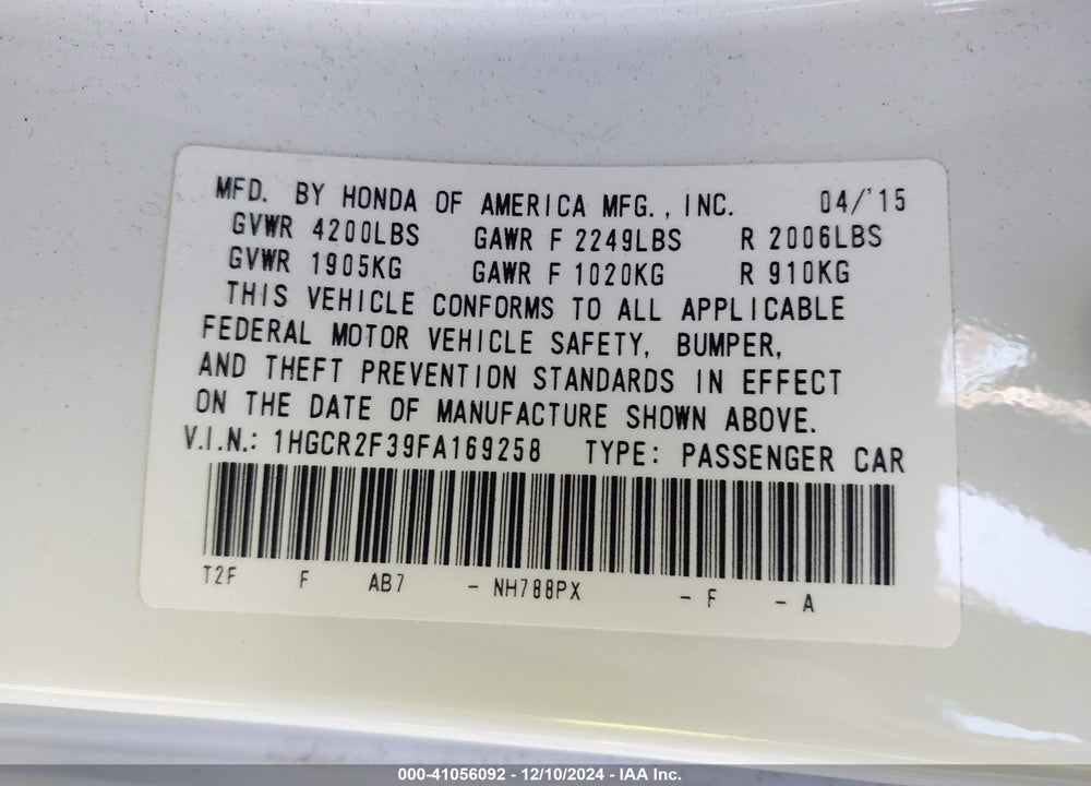 2015 HONDA ACCORD LX VIN: 1HGCR2F39FA169258