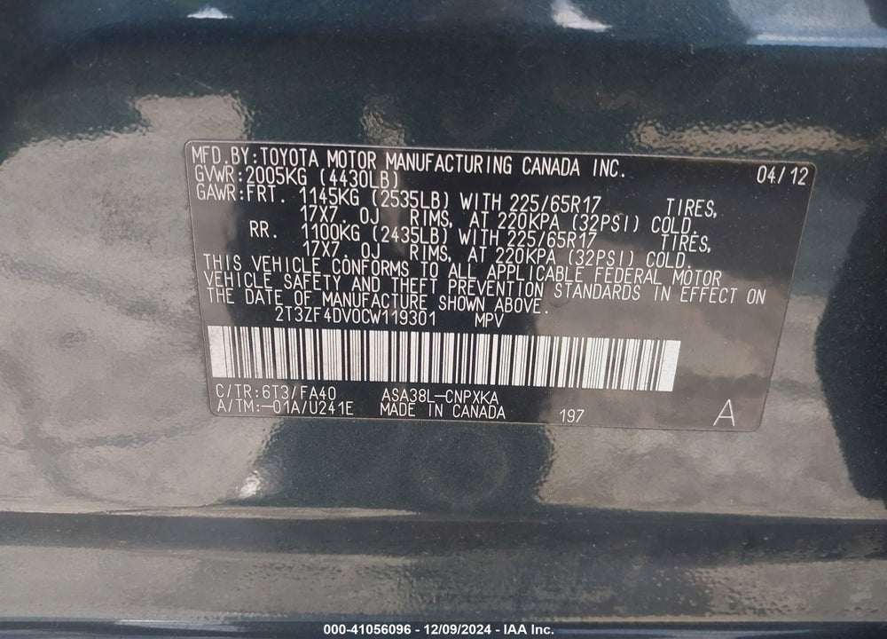 2012 TOYOTA RAV4 VIN: 2T3ZF4DV0CW119301