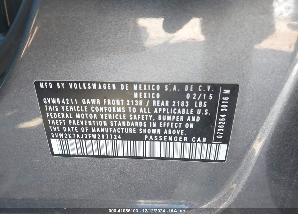 2015 VOLKSWAGEN JETTA 2.0L S VIN: 3VW2K7AJ3FM297724
