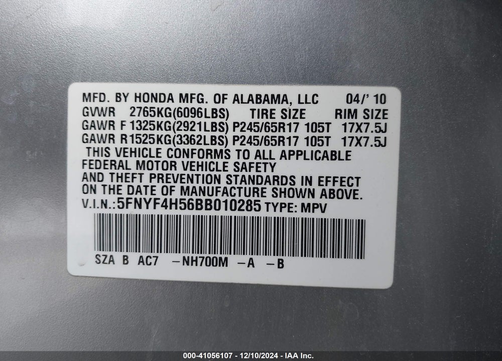 2011 HONDA PILOT EX-L VIN: 5FNYF4H56BB010285