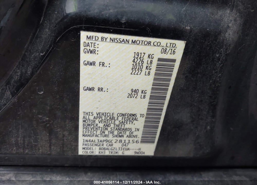 2016 NISSAN ALTIMA 2.5 S VIN: 1N4AL3AP9GC281156