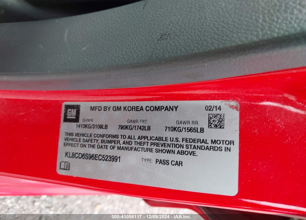 2014 CHEVROLET SPARK 1LT AUTO VIN: KL8CD6S96EC523991