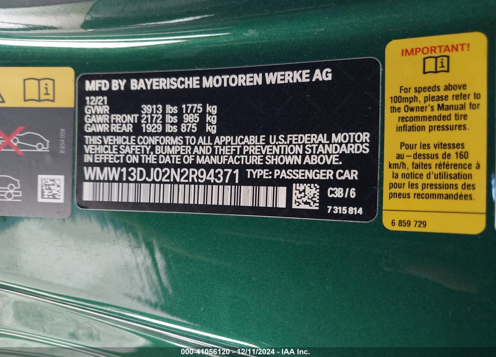 2022 MINI SE HARDTOP COOPER VIN: WMW13DJ02N2R94371