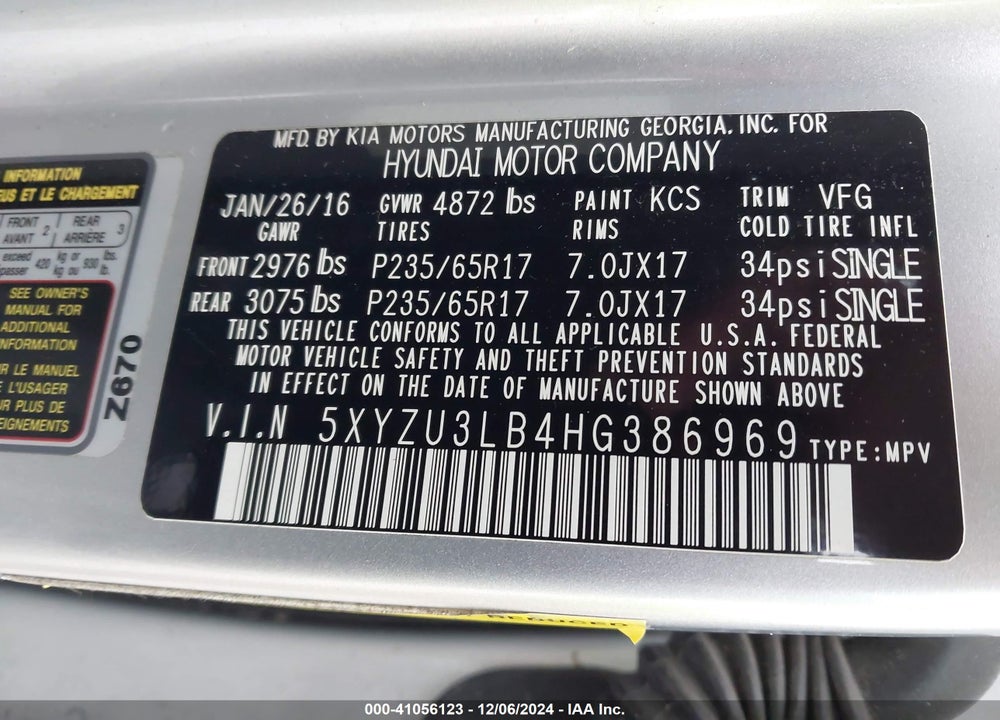 2017 HYUNDAI SANTA FE SPORT 2.4L VIN: 5XYZU3LB4HG386969