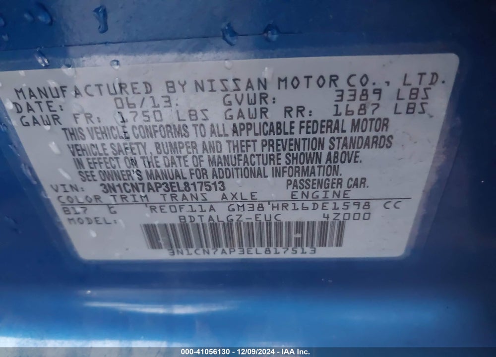 2014 NISSAN VERSA 1.6 SL VIN: 3N1CN7AP3EL817513