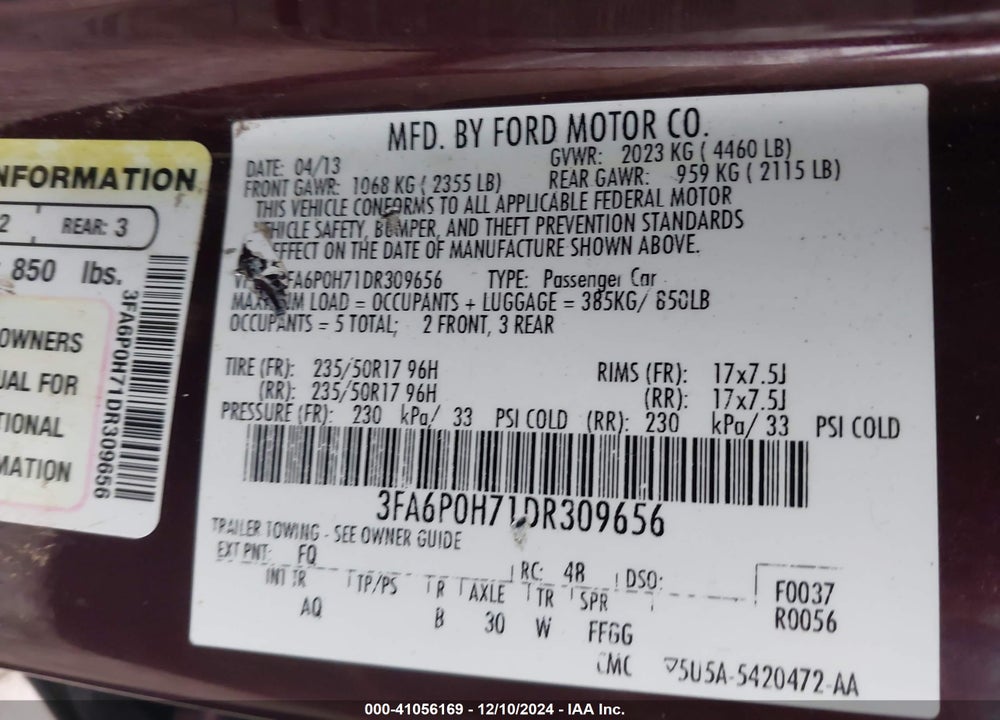 2013 FORD FUSION SE VIN: 3FA6P0H71DR309656