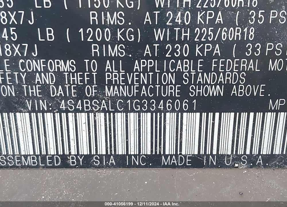 2016 SUBARU OUTBACK 2.5I LIMITED VIN: 4S4BSALC1G3346061