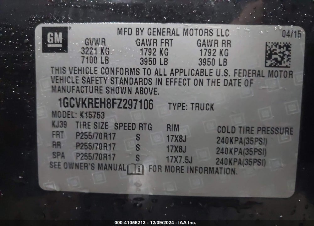 2015 CHEVROLET SILVERADO 1500 1LT VIN: 1GCVKREH8FZ297106