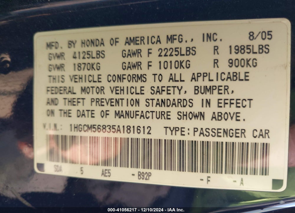 2005 HONDA ACCORD 2.4 EX VIN: 1HGCM56835A181612