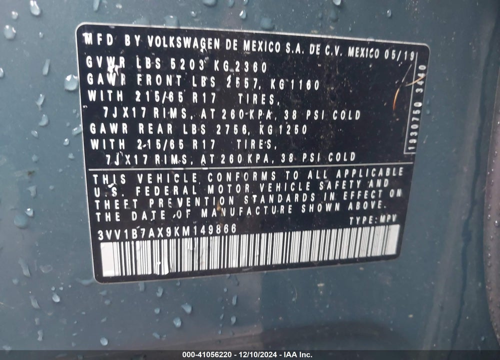 2019 VOLKSWAGEN TIGUAN 2.0T S VIN: 3VV1B7AX9KM149866