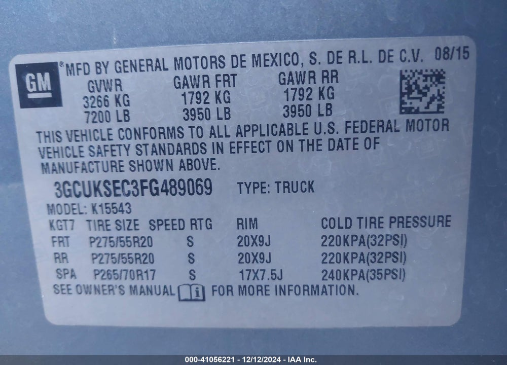 2015 CHEVROLET SILVERADO 1500 1LZ VIN: 3GCUKSEC3FG489069