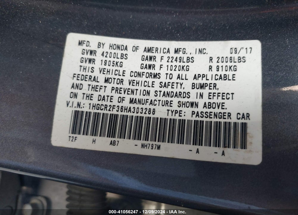 2017 HONDA ACCORD LX VIN: 1HGCR2F36HA303288