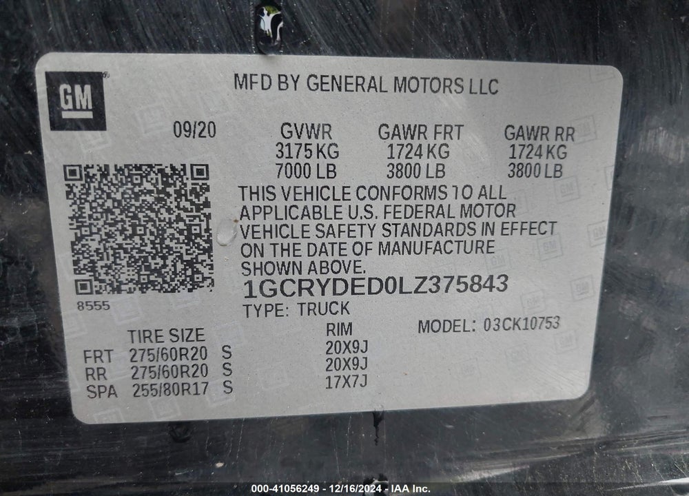 2020 CHEVROLET SILVERADO 1500 4WD STANDARD BED LT VIN: 1GCRYDED0LZ375843