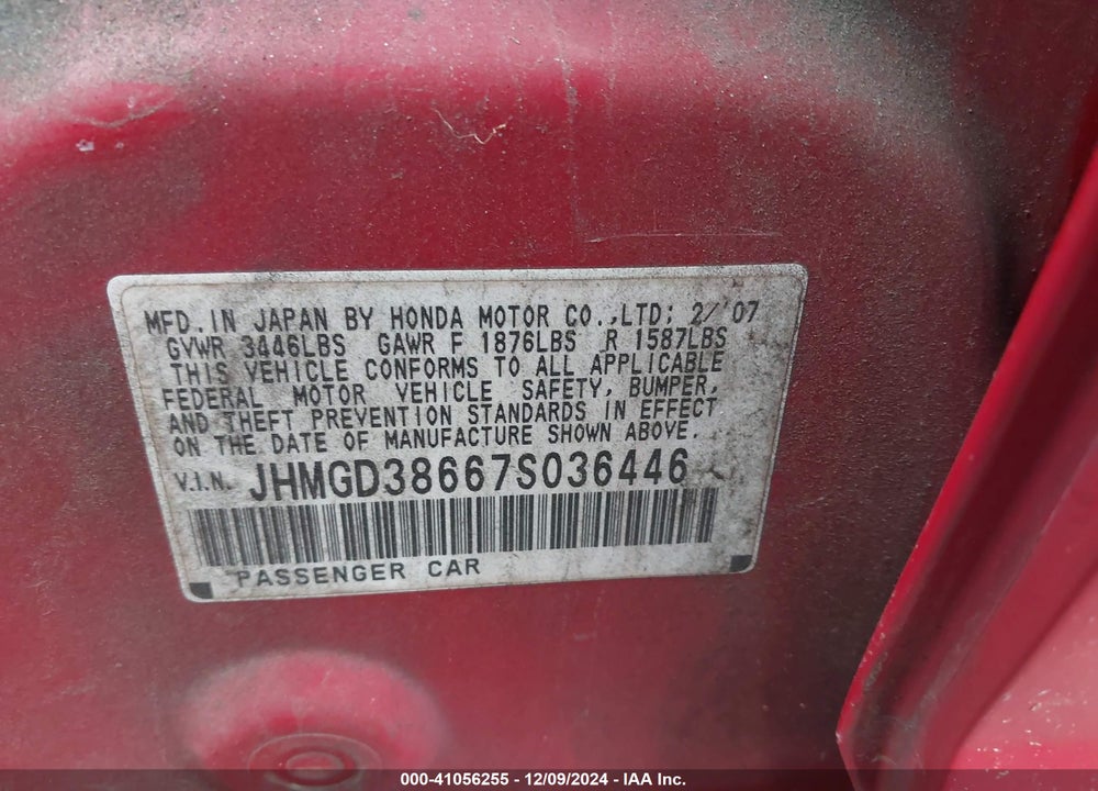 2007 HONDA FIT SPORT VIN: JHMGD38667S036446
