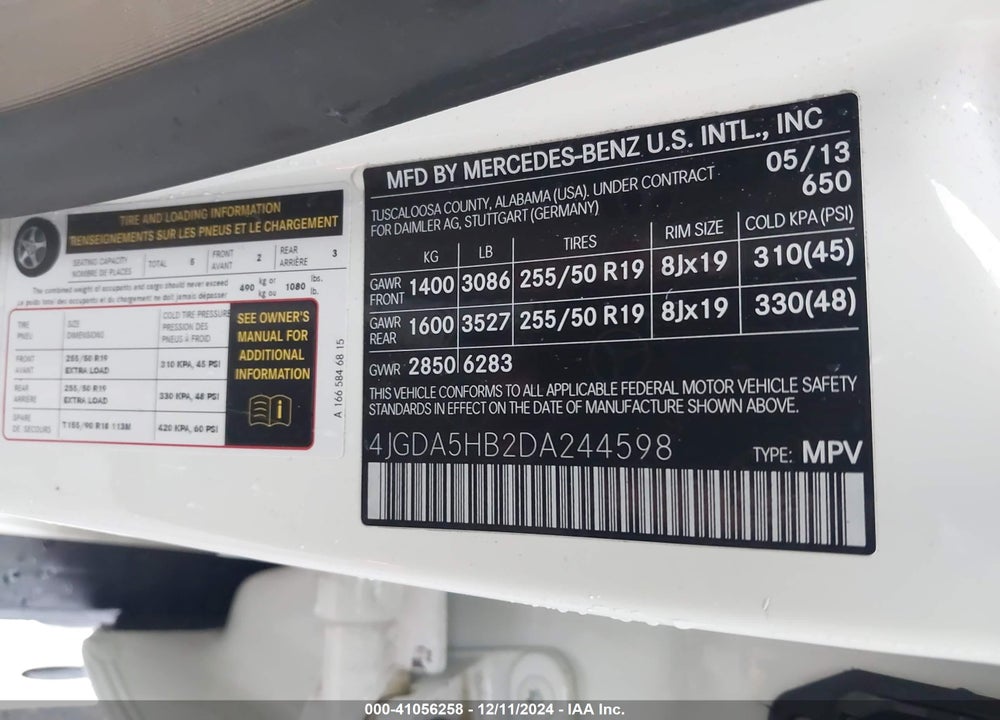2013 MERCEDES-BENZ ML 350 4MATIC VIN: 4JGDA5HB2DA244598