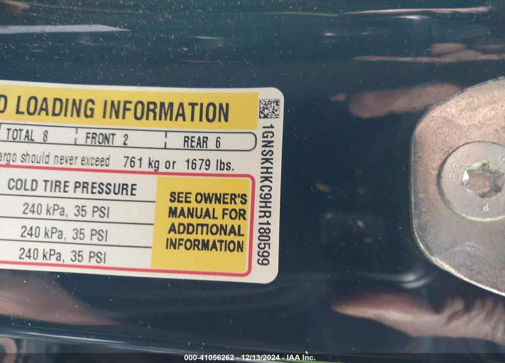 2017 CHEVROLET SUBURBAN LT VIN: 1GNSKHKC9HR180599