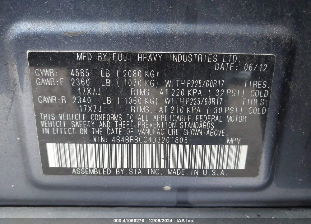 2013 SUBARU OUTBACK 2.5I PREMIUM VIN: 4S4BRBCC4D3201805