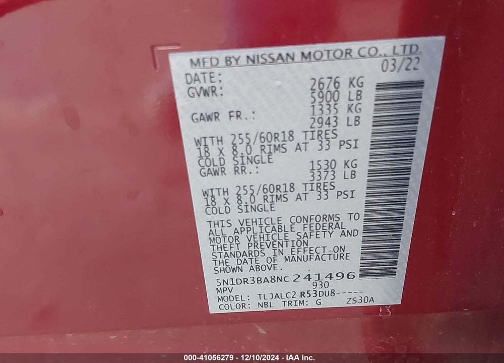 2022 NISSAN PATHFINDER SV 2WD VIN: 5N1DR3BA8NC241496