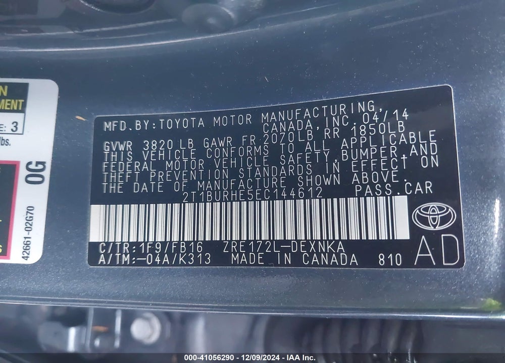 2014 TOYOTA COROLLA LE VIN: 2T1BURHE5EC144612