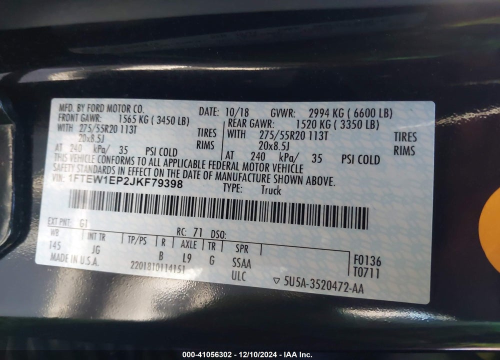 2018 FORD F-150 XL VIN: 1FTEW1EP2JKF79398