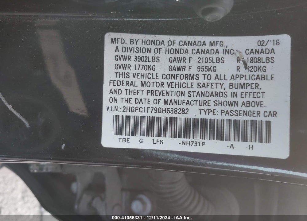 2016 HONDA CIVIC EX-L VIN: 2HGFC1F79GH638282