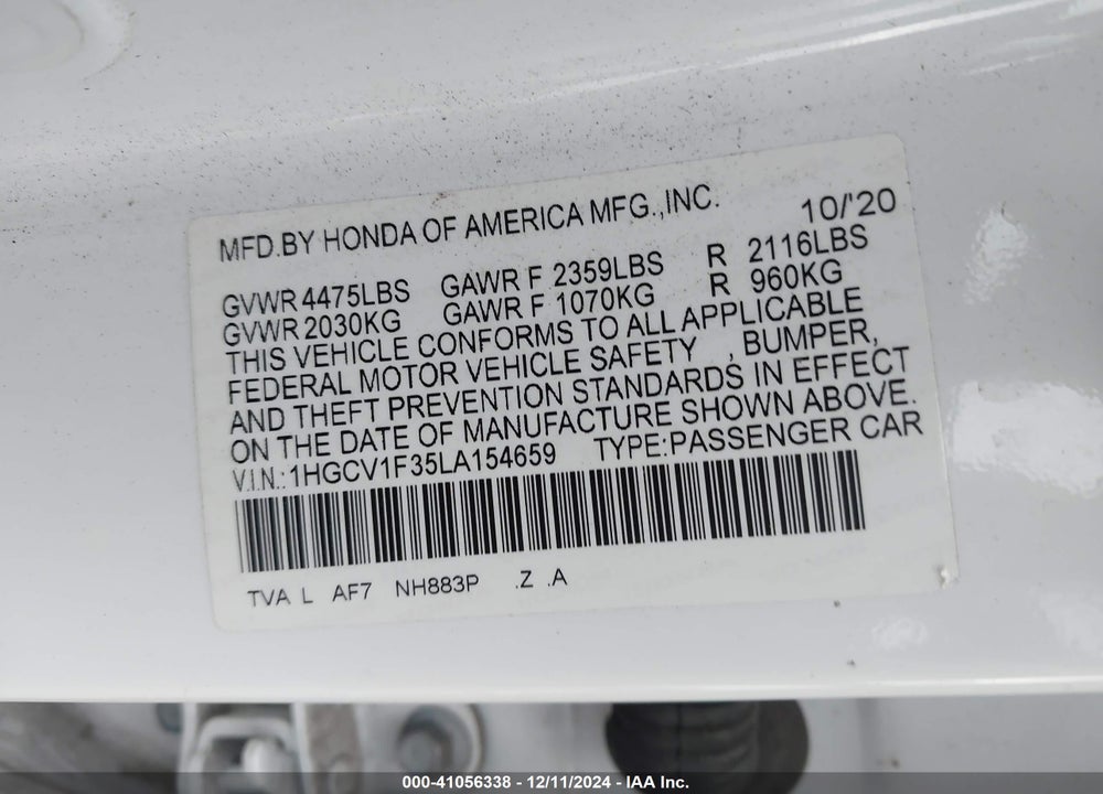 2020 HONDA ACCORD SPORT VIN: 1HGCV1F35LA154659