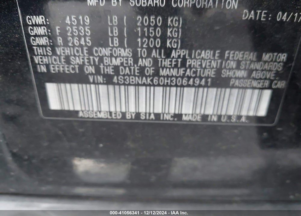 2017 SUBARU LEGACY VIN: 4S3BNAK60H3064941