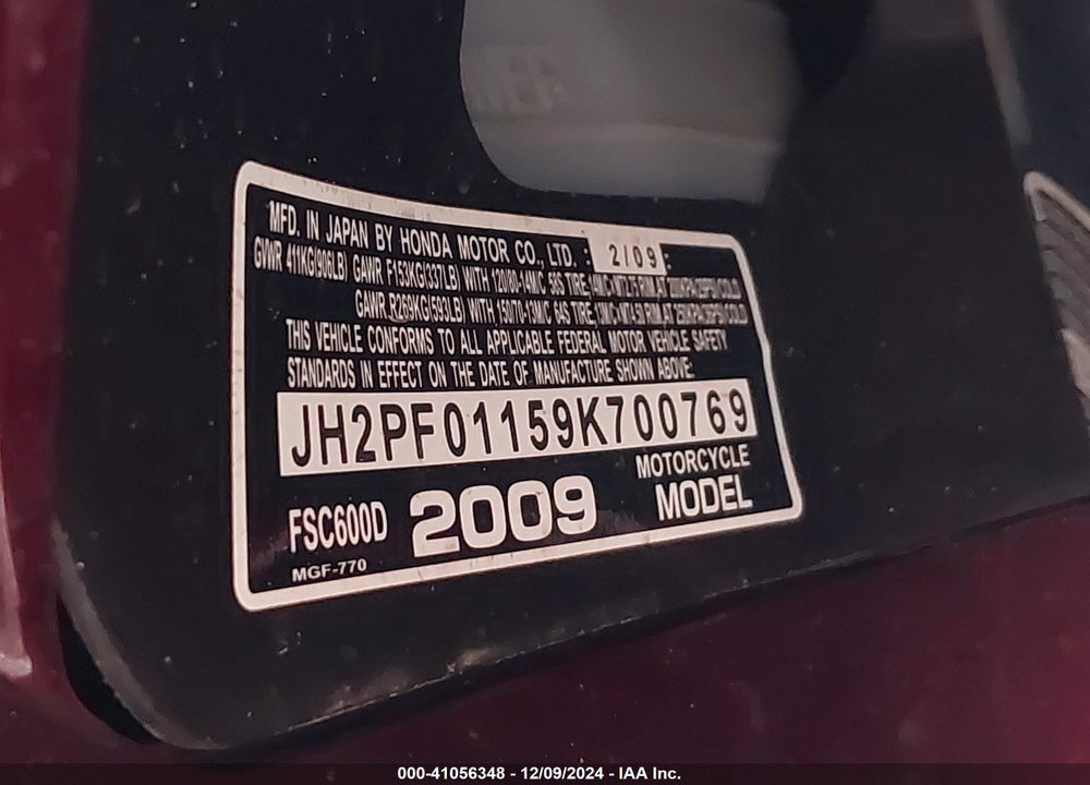 2009 HONDA FSC600 D VIN: JH2PF01159K700769